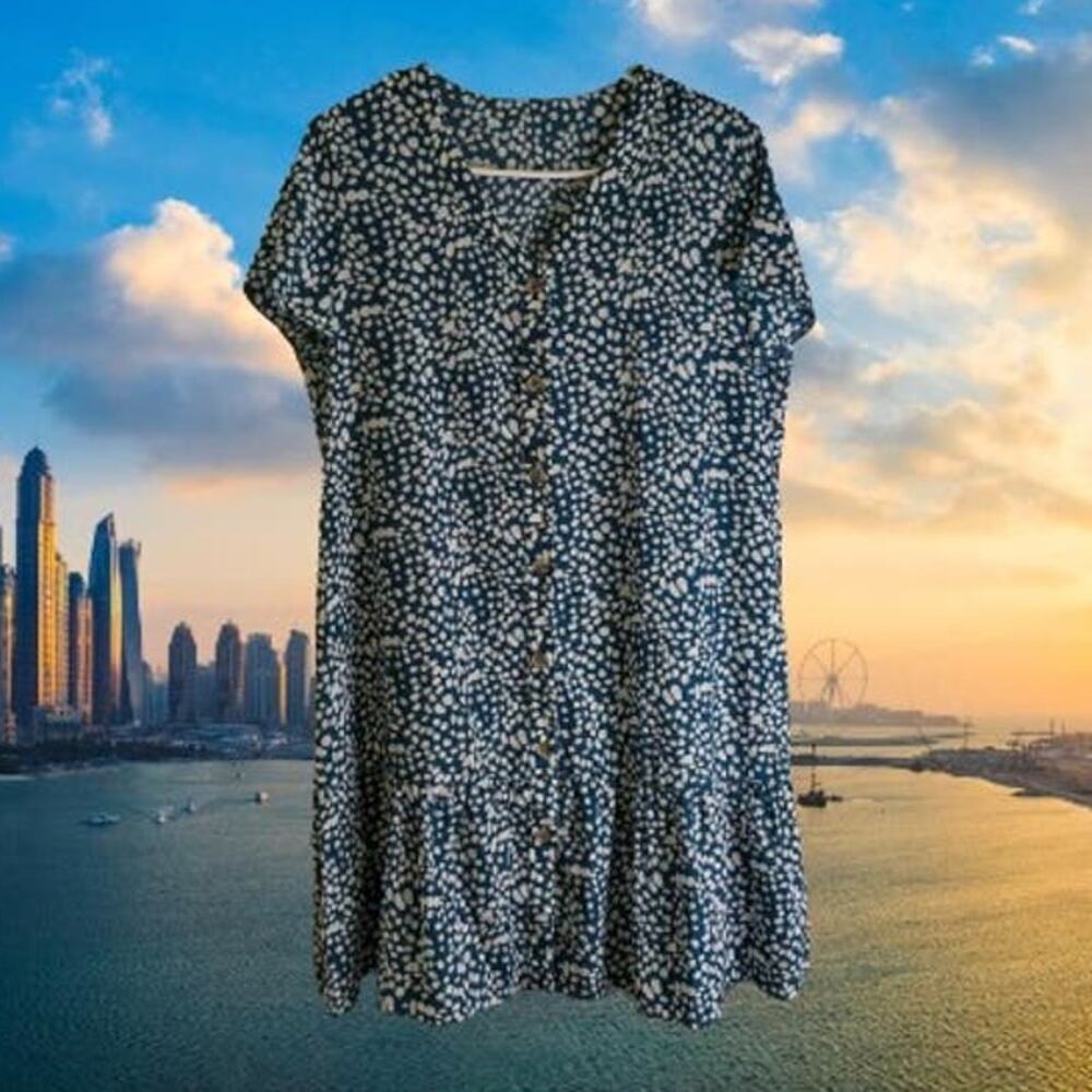Penny's medium short sleeve button down blue and tan polyester lightweight dress